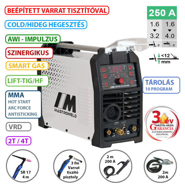 Mastroweld TIG-250 DC COLD hegesztő inverter + varrat tisztító