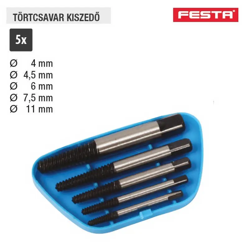 Lev Festa törtcsavar kiszedő készlet 5 részes 4 / 4,5 / 6 / 7,5 / 11mm